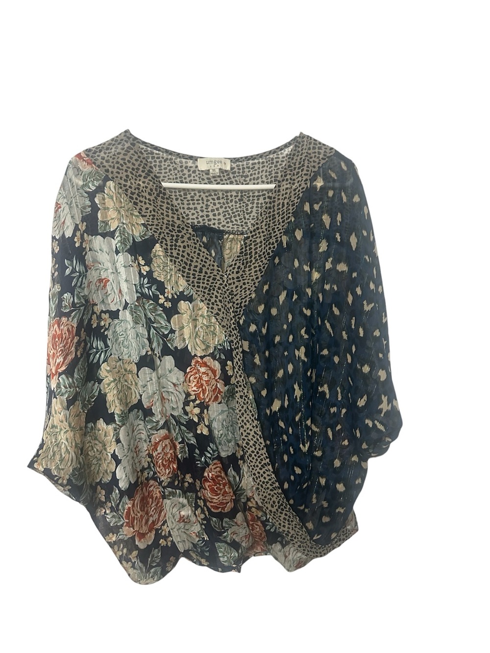 Umgee 1X Mixed Print Floral Animal Dolman Sleeve Boho Blouse Semi Sheer